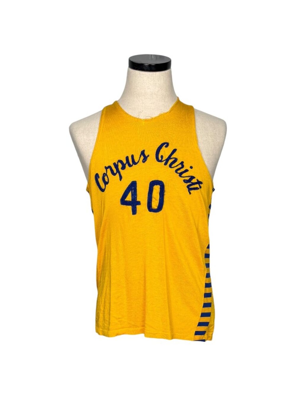 Vintage 1940s Corpus Christi Basketball Jersey Yellow & Blue Striped Side M